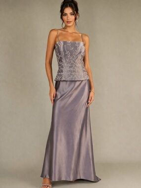 Alfred Angelo Plum Lavender Satin Dress Intricate Leaf Sequin Detail Jewel Tone